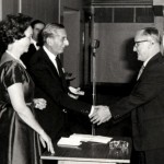 L S Lebus presenting Pat Brignell with his gold watch for 40 years service. 1924 ? 1964
